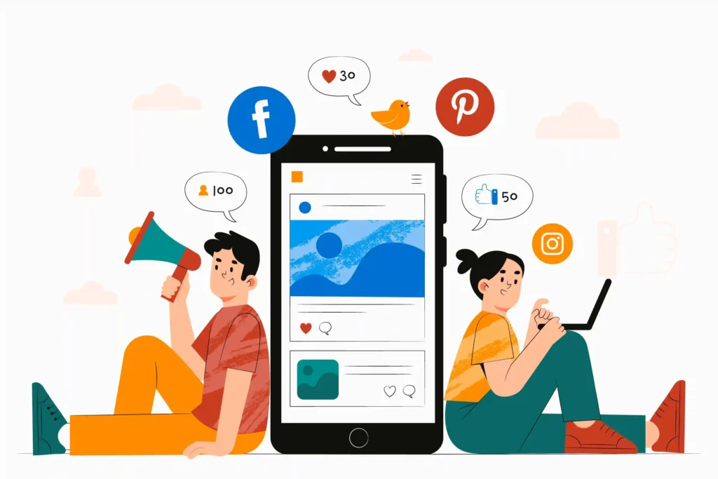 two-people-working-on-social-media-marketing-with-a-large-smartphone-screen-displaying-posts-and-engagement-notifications-best-digital-marketing-strategist-in-calicut