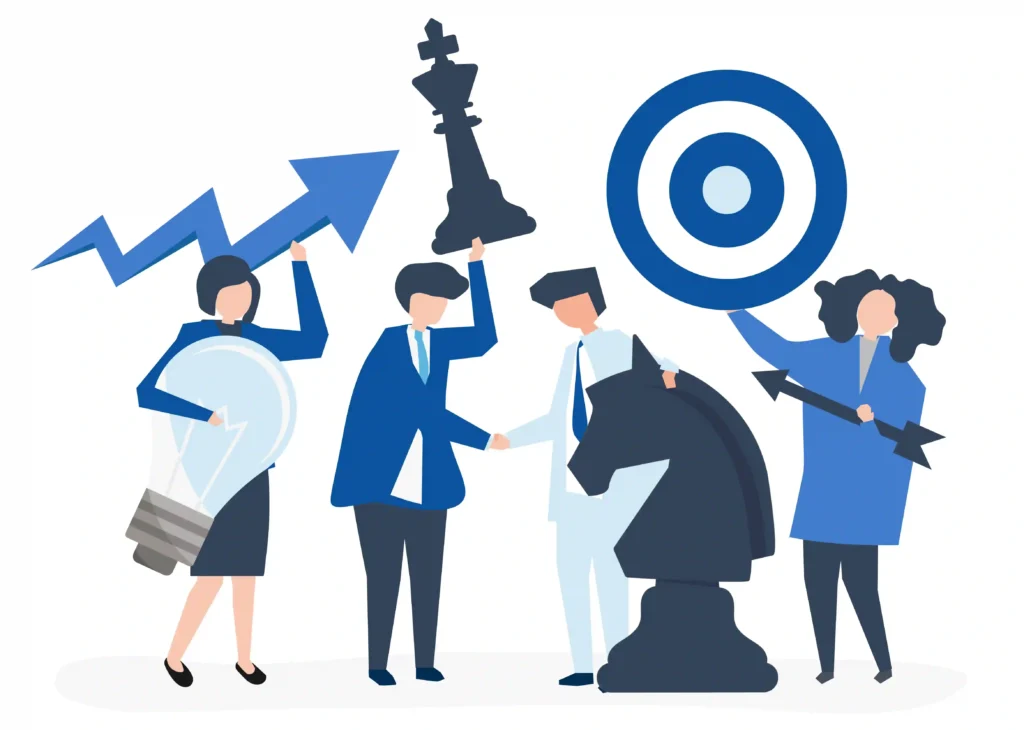 business-professionals-collaborating-on-strategy-with-chess-pieces-target-symbol-growth-arrow-and-lightbulb-representing-planning-and-innovation-best-digital-marketing-strategist-in-calicut