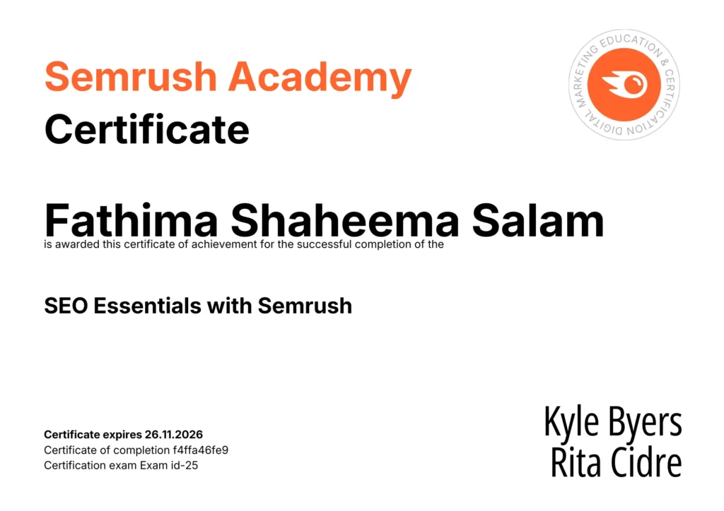 certificate-from-semrush-academy-awarded-to-fathima-shaheema-salam-for-completing-the-semrush-content-marketing-certification