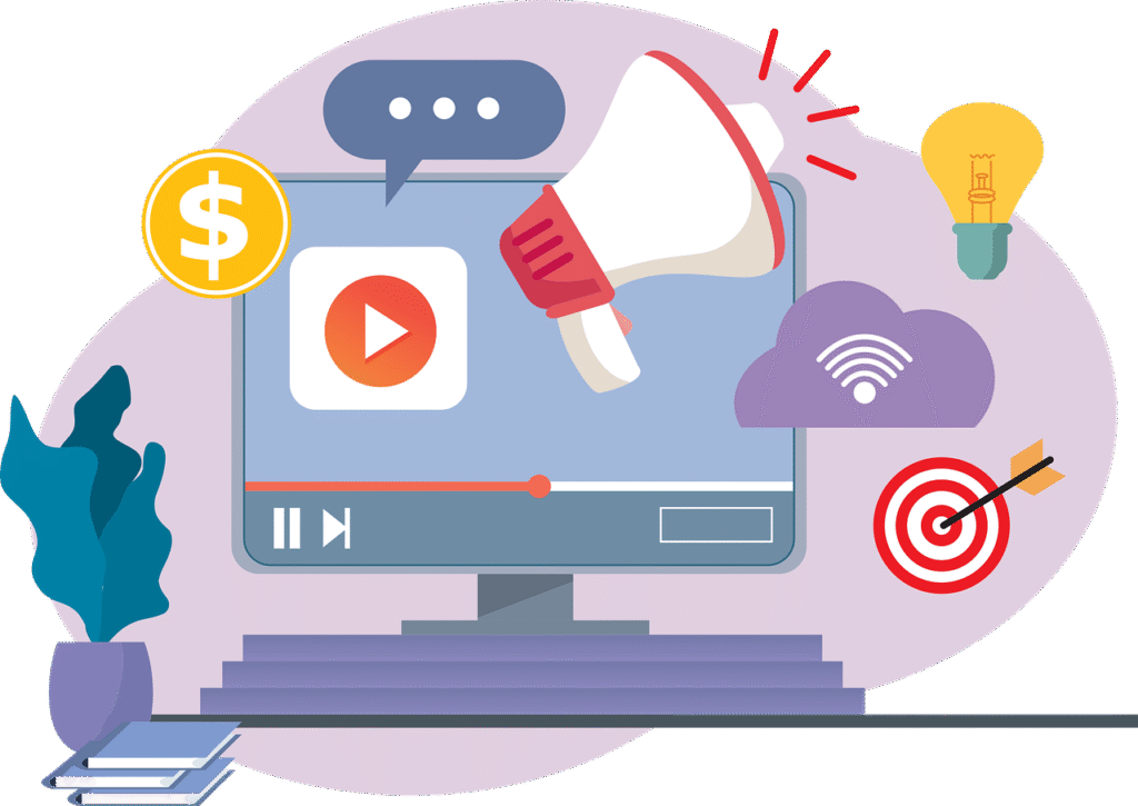 Digital-marketing-analytics-illustration-with-social-media-icons-growth-chart--and-marketing-tools-representing-services-of-the-best-digital-marketing-strategist-in-Calicut.