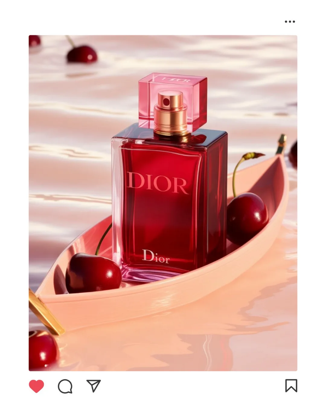 luxurious-red-dior-perfume-bottle-in-pastel-pink-dish-with-cherries-on-glossy-pink-surface-premium-product-visual